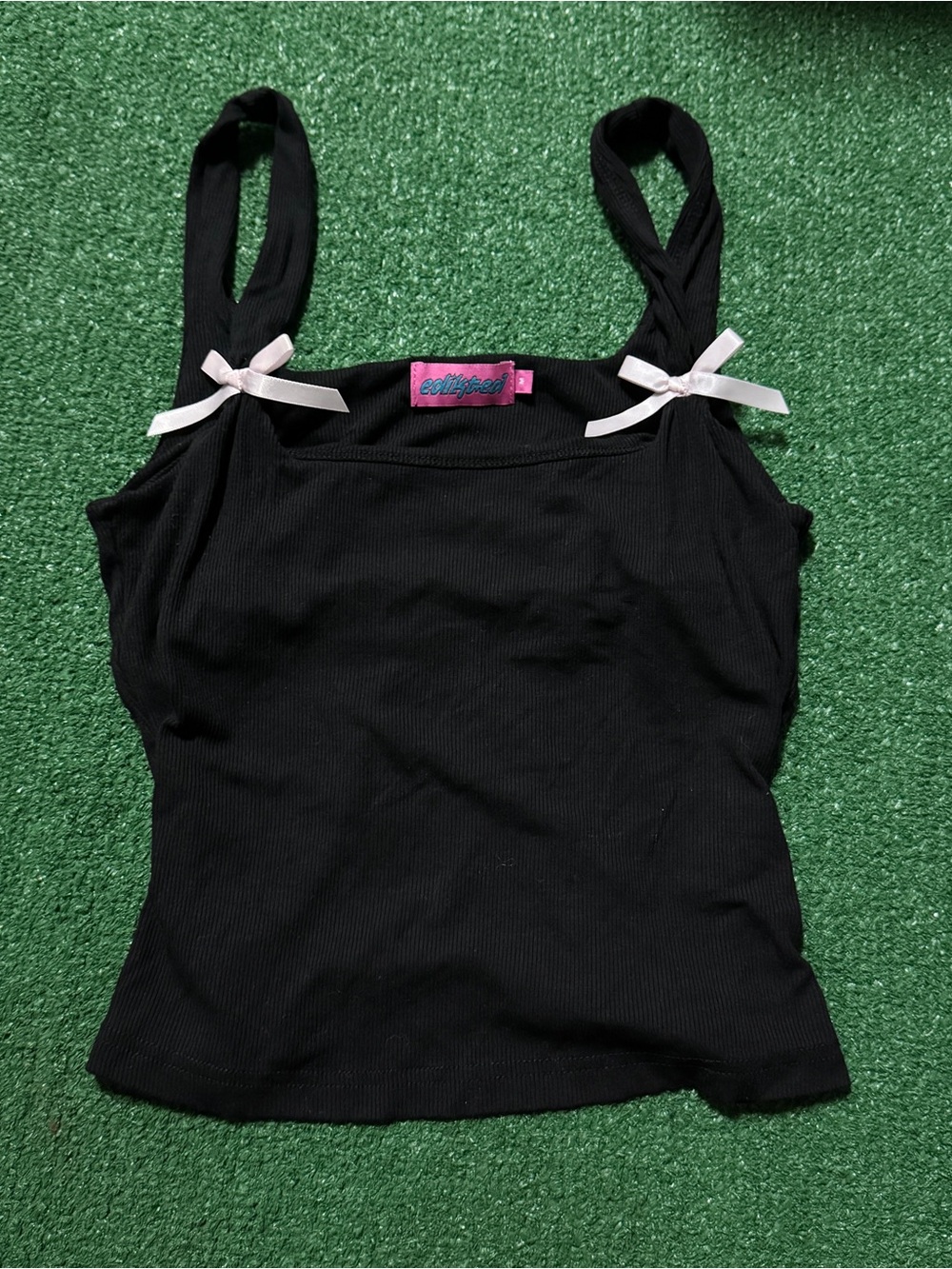 Edikted Black Ribbed Camisole with White Bow Details and Pink Tag